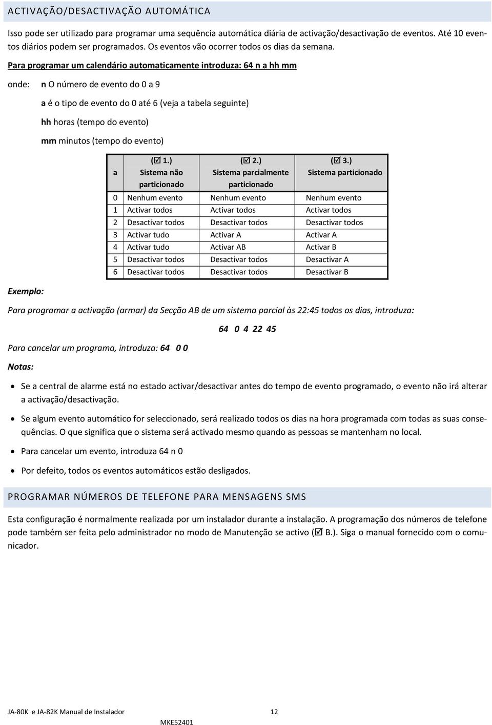 Para programar um calendário automaticamente introduza: 64 n a hh mm onde: n O número de evento do 0 a 9 Exemplo: a é o tipo de evento do 0 até 6 (veja a tabela seguinte) hh horas (tempo do evento)