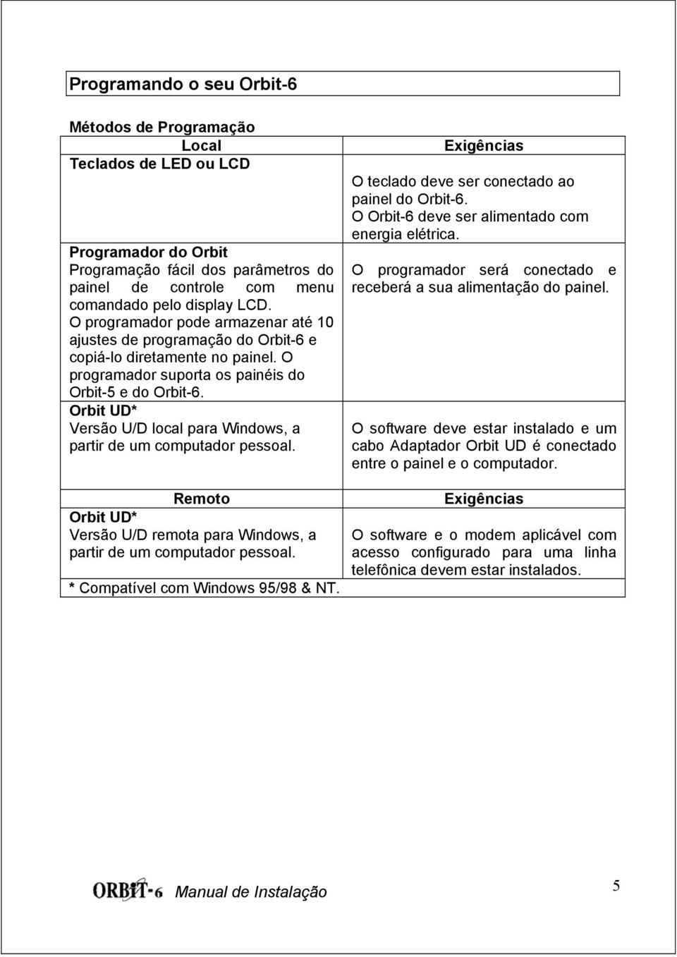 Orbit UD* Versão U/D local para Windows, a partir de um computador pessoal. Exigências O teclado deve ser conectado ao painel do Orbit-6. O Orbit-6 deve ser alimentado com energia elétrica.