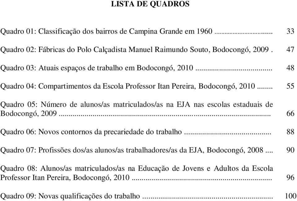 .. Quadro 05: Número de alunos/as matriculados/as na EJA nas escolas estaduais de Bodocongó, 2009... 47 48 55 66 Quadro 06: Novos contornos da precariedade do trabalho.