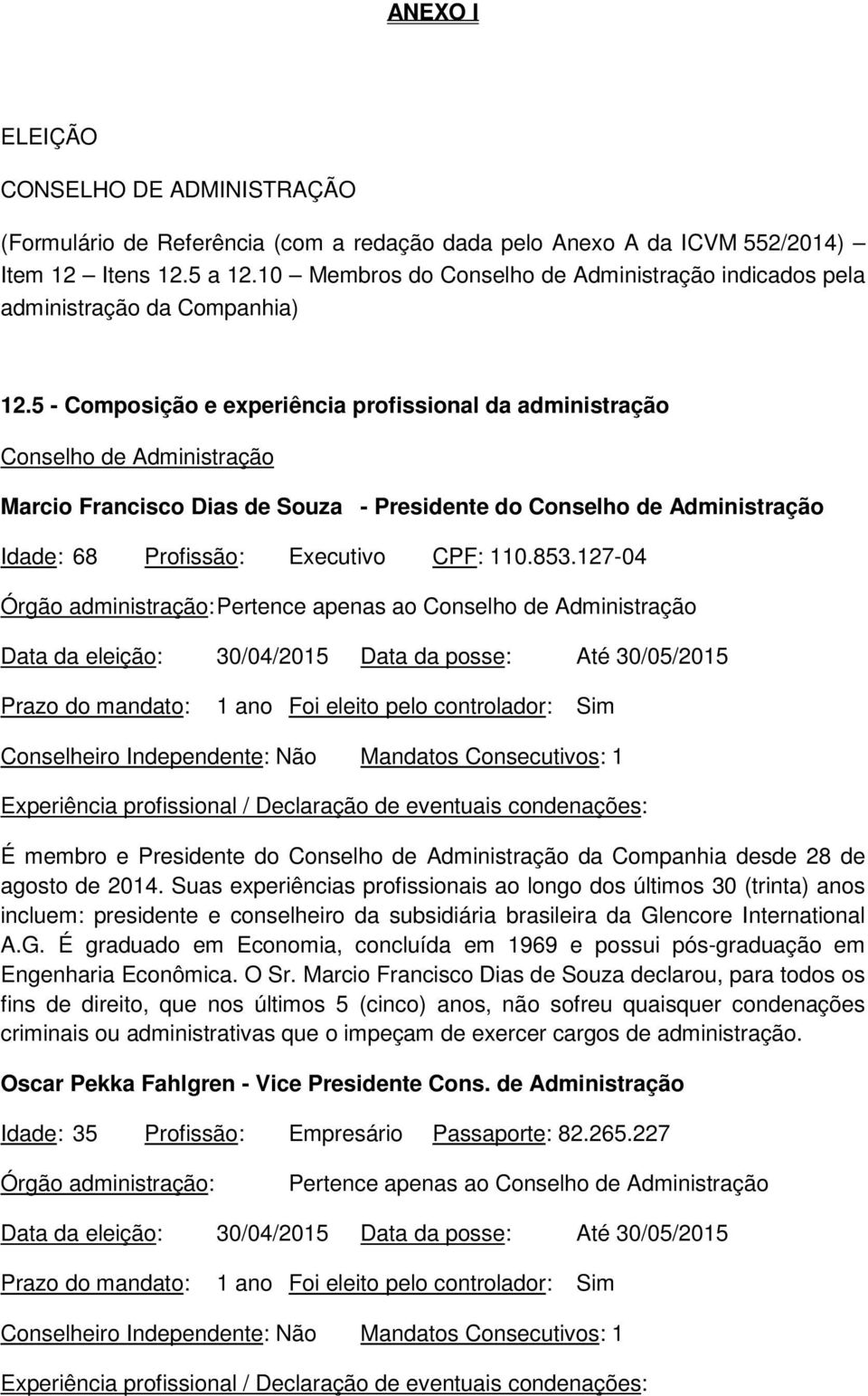 5 - Composição e experiência profissional da administração Conselho de Administração Marcio Francisco Dias de Souza - Presidente do Conselho de Administração Idade: 68 Profissão: Executivo CPF: 110.