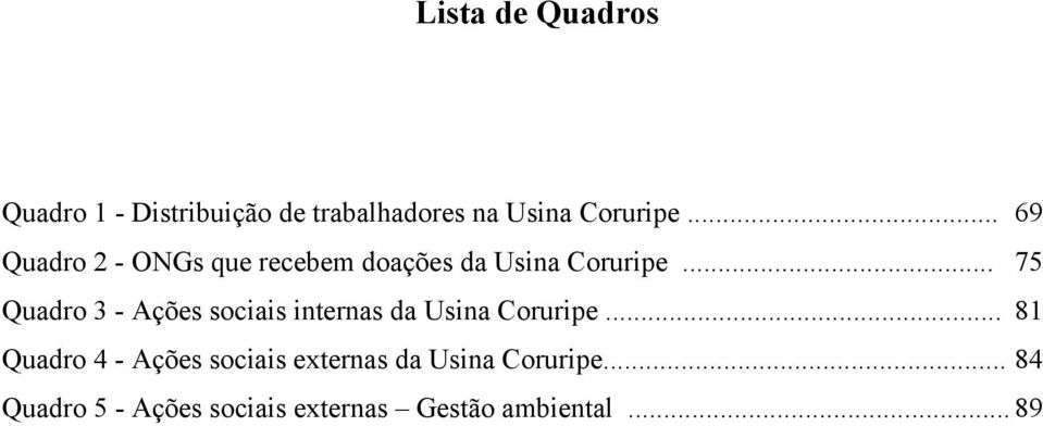 .. 75 Quadro 3 - Ações sociais internas da Usina Coruripe.