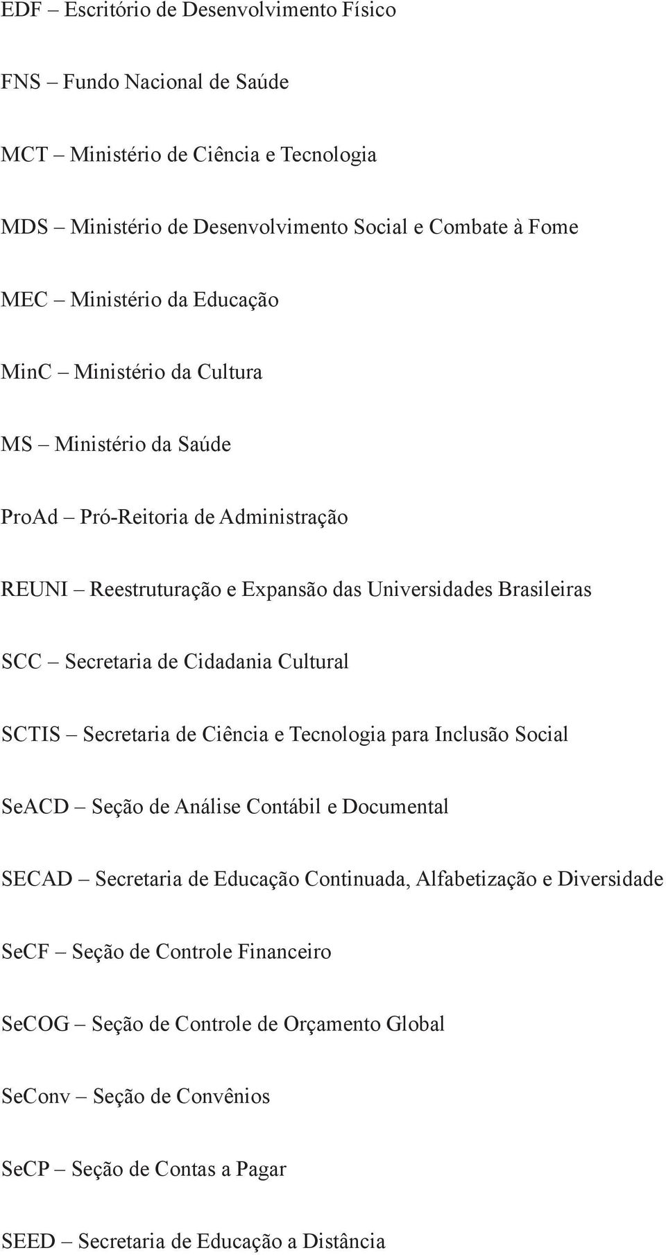 Cidadania Cultural SCTIS Secretaria de Ciência e Tecnologia para Inclusão Social SeACD Seção de Análise Contábil e Documental SECAD Secretaria de Educação Continuada, Alfabetização