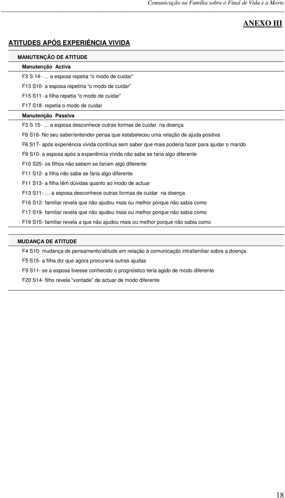 ajuda positiva F6 S17- após experiência vivida continua sem saber que mais poderia fazer para ajudar o marido F9 S10- a esposa após a experiência vivida não sabe se faria algo diferente F10 S25- os