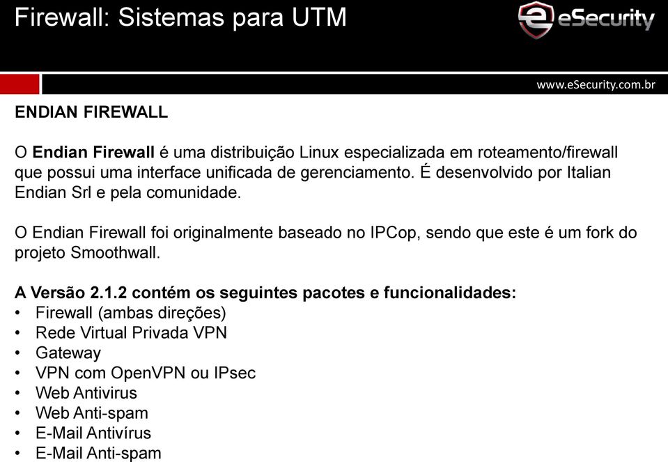 O Endian Firewall foi originalmente baseado no IPCop, sendo que este é um fork do projeto Smoothwall. A Versão 2.1.