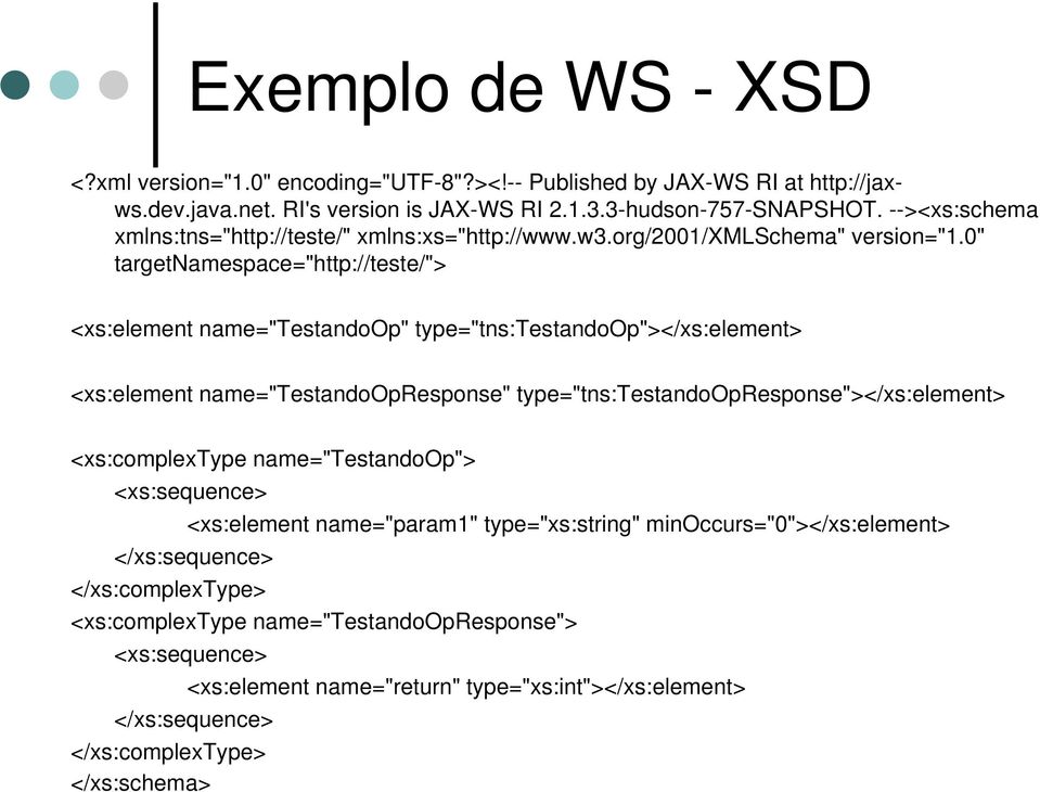 0" targetnamespace="http://teste/"> <xs:element name="testandoop" type="tns:testandoop"></xs:element> <xs:element name="testandoopresponse" type="tns:testandoopresponse"></xs:element>