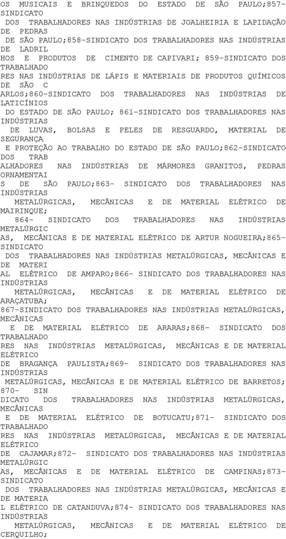 AO TRABALHO DO ESTADO DE SÃO PAULO;862- DOS TRAB ALHADORES NAS DE MÁRMORES GRANITOS, PEDRAS ORNAMENTAI S DE SÃO PAULO;863- DOS RES NAS METALÚRGICAS, MECÂNICAS E DE MATERIAL ELÉTRICO DE MAIRINQUE;