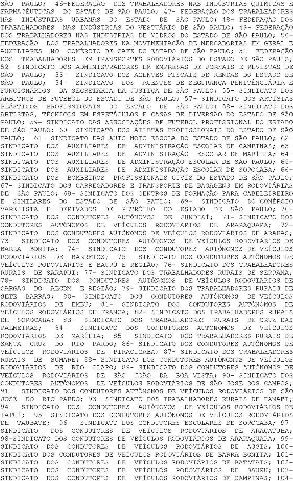 TRANSPORTES RODOVIÁRIOS DO ESTADO DE SÃO PAULO; 52- DOS ADMINISTRADORES EM EMPRESAS DE JORNAIS E REVISTAS DE SÃO PAULO; 53- DOS AGENTES FISCAIS DE RENDAS DO ESTADO DE SÃO PAULO; 54- DOS AGENTES DE