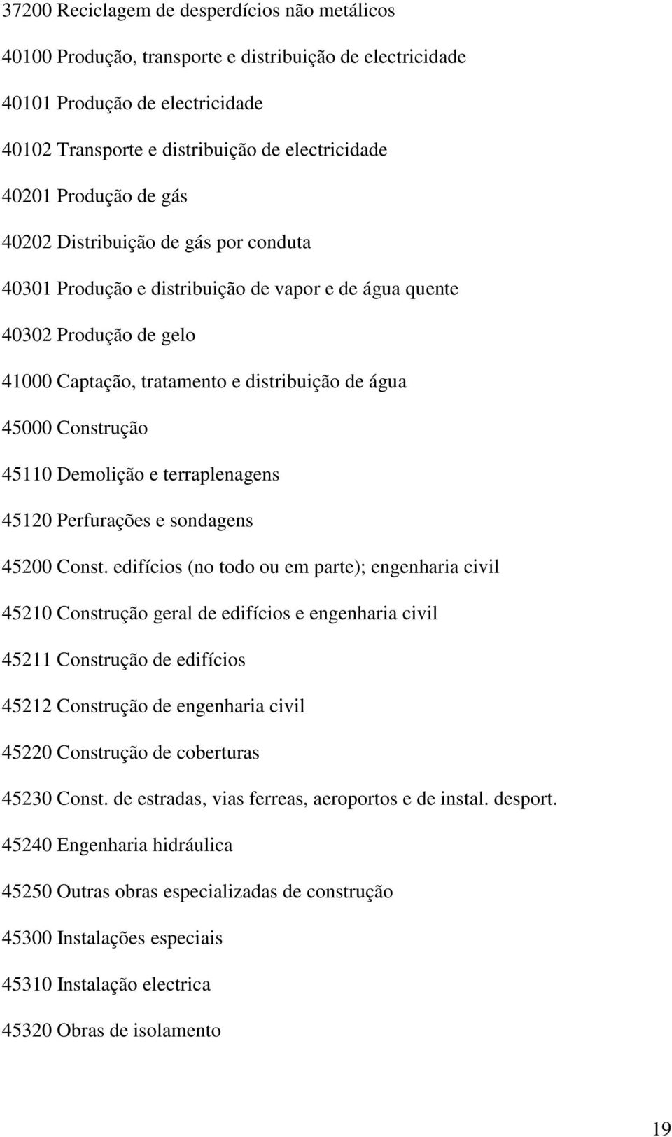 45110 Demolição e terraplenagens 45120 Perfurações e sondagens 45200 Const.