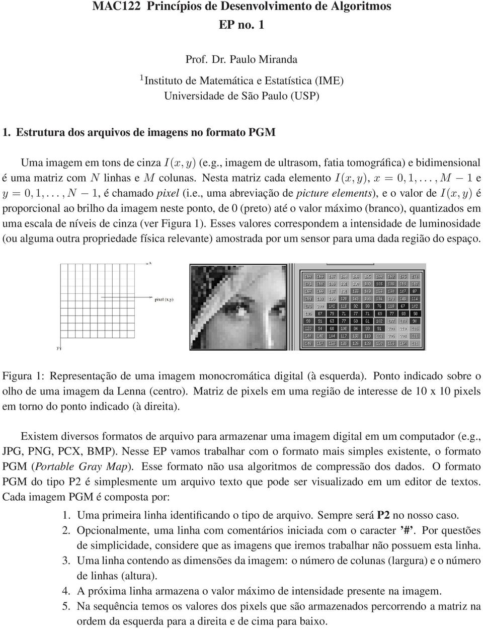 Nesta matriz cada elemeto I(x,y), x = 0,1,,M 1 e y = 0,1,,N 1, é chamado pixel (i.e., uma abreviação de picture elemets), e o valor de I(x,y) é proporcioal ao brilho da imagem este poto, de 0 (preto)