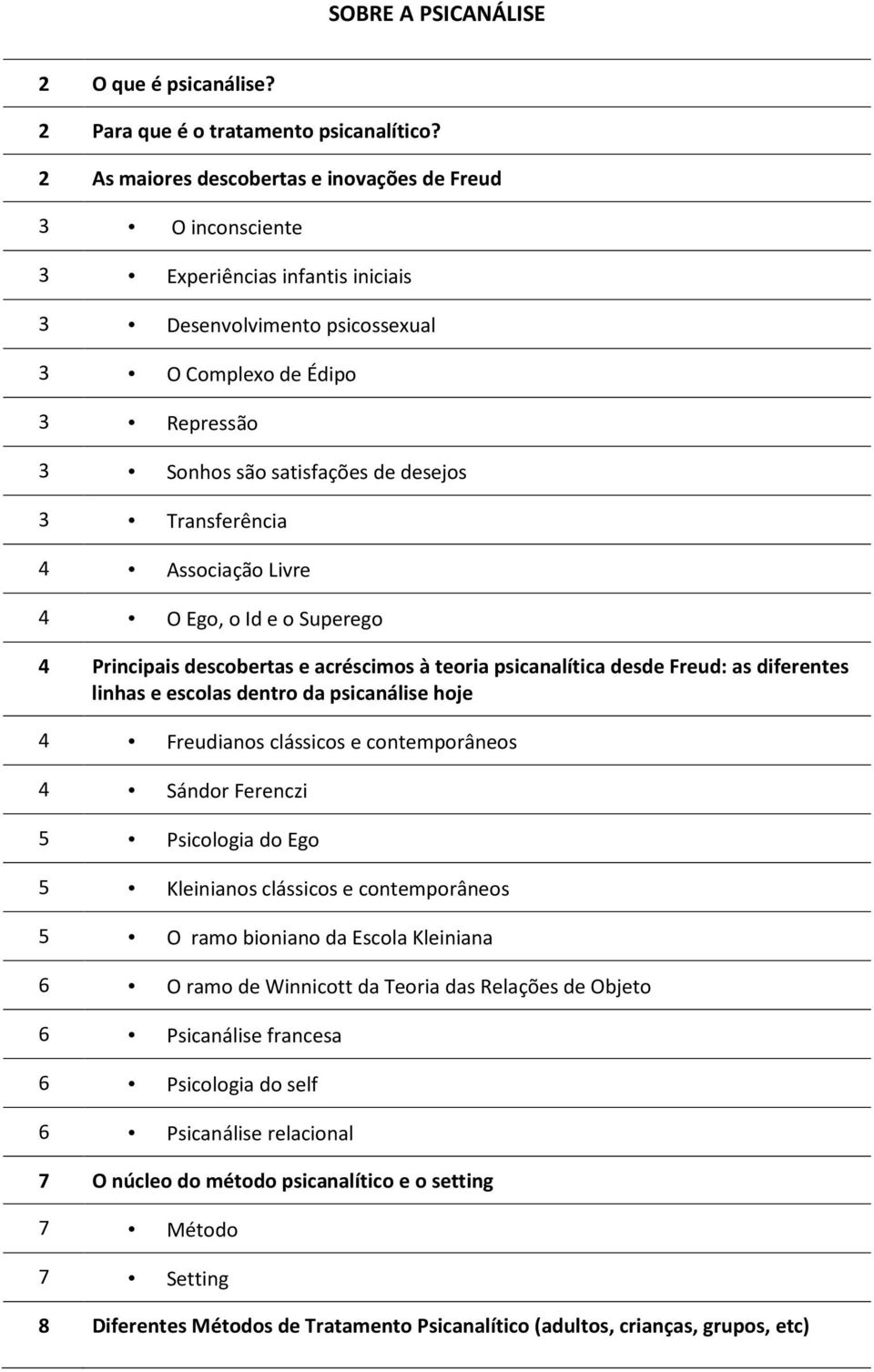 Transferência 4 Associação Livre 4 O Ego, o Id e o Superego 4 Principais descobertas e acréscimos à teoria psicanalítica desde Freud: as diferentes linhas e escolas dentro da psicanálise hoje 4