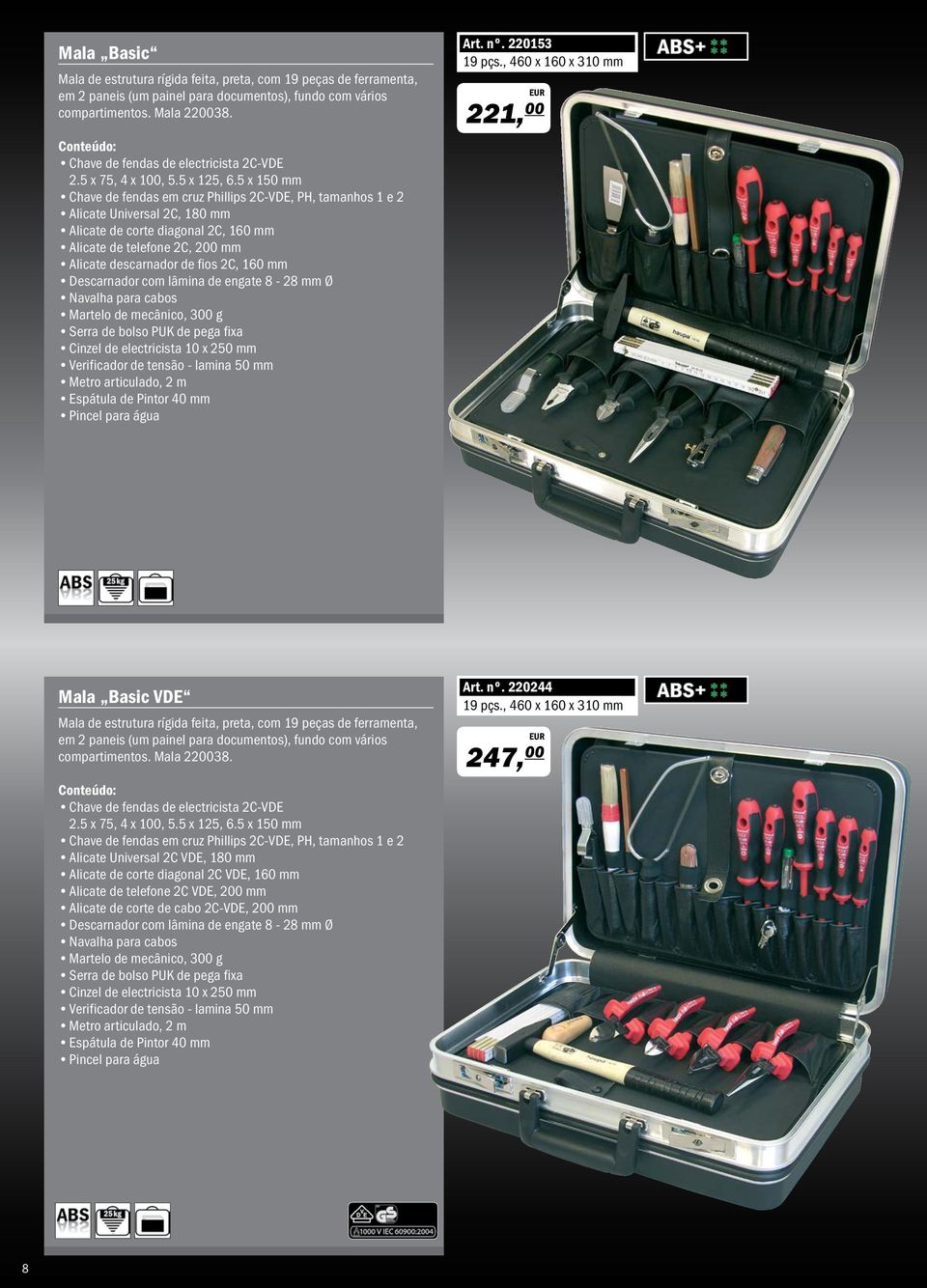 Martelo de mecânico, 300 g Cinzel de electricista 10 x 250 mm Verificador de tensão - lamina 50 mm Metro articulado, 2 m Espátula de Pintor 40 mm Pincel para água Art. nº. 220153 19 pçs.