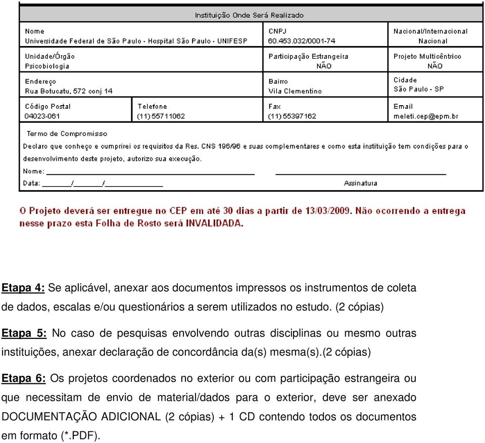 (2 cópias) Etapa 5: No caso de pesquisas envolvendo outras disciplinas ou mesmo outras instituições, anexar declaração de concordância