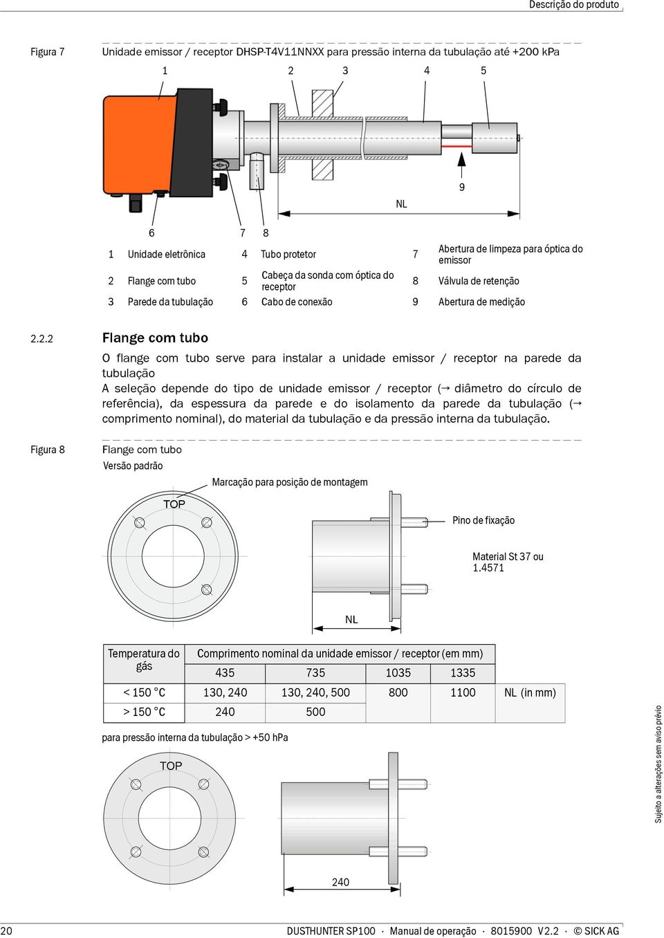 Flange com tubo 5 Cabeça da sonda com óptica do receptor 8 Válvula de retenção 3 Parede da tubulação 6 Cabo de conexão 9 Abertura de medição 2.