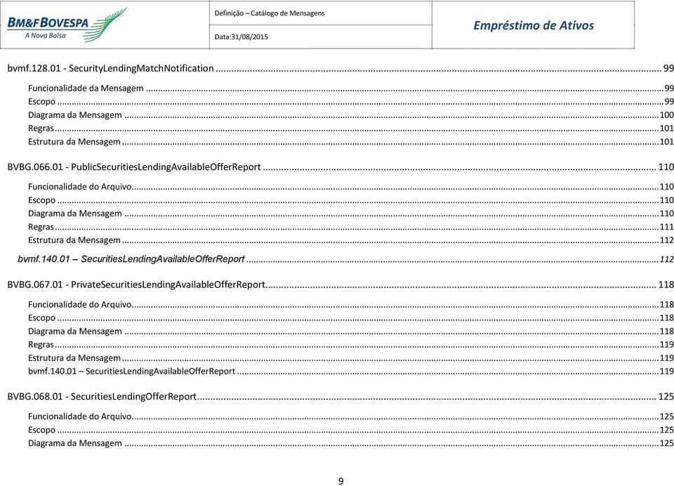 01 SecuritiesLendingAvailableOfferReport... 112 BVBG.067.01 - PrivateSecuritiesLendingAvailableOfferReport... 118 Funcionalidade do Arquivo... 118 Escopo... 118 Diagrama da Mensagem... 118 Regras.