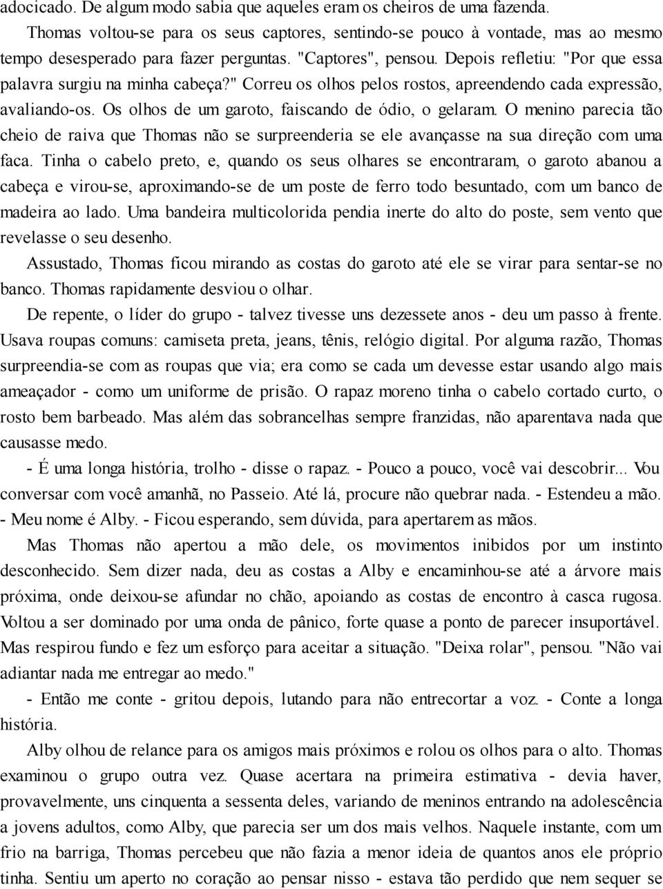 Os olhos de um garoto, faiscando de ódio, o gelaram. O menino parecia tão cheio de raiva que Thomas não se surpreenderia se ele avançasse na sua direção com uma faca.