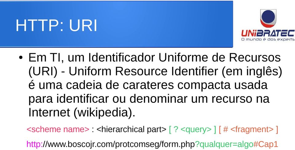 denominar um recurso na Internet (wikipedia). <scheme name> : <hierarchical part> [?