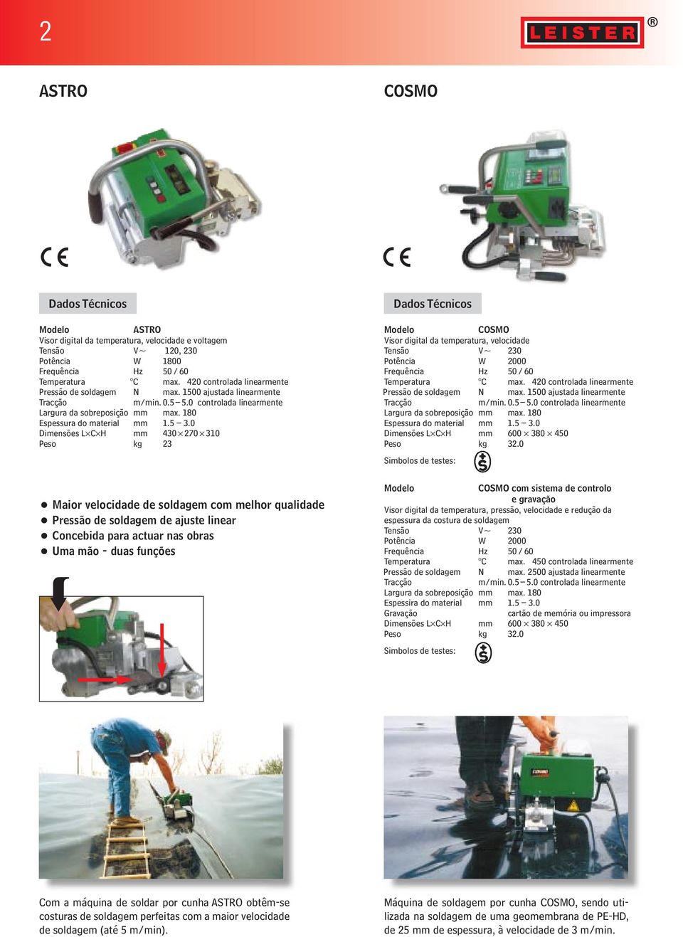 420 controlada linearmente Pressão de soldagem N max. 1500 ajustada linearmente Espessura do material mm 1.5 3.0 Dimensões L C H mm 600 380 450 Peso kg 32.