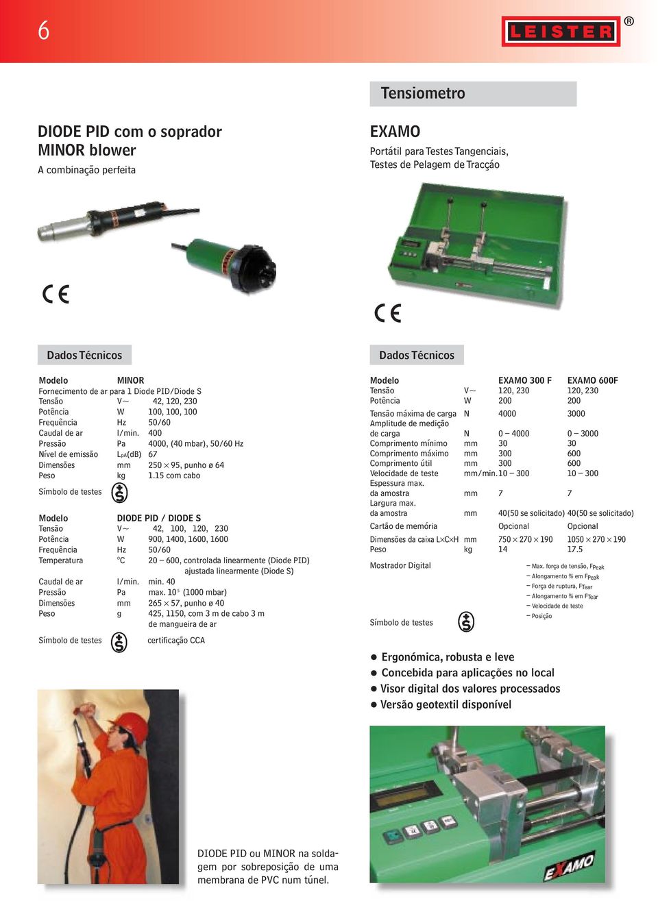 15 com cabo DIODE PID / DIODE S Tensão V~ 42, 100, 120, 230 Potência W 900, 1400, 1600, 1600 Temperatura C 20 600, controlada linearmente (Diode PID) ajustada linearmente (Diode S) Caudal de ar l/min.