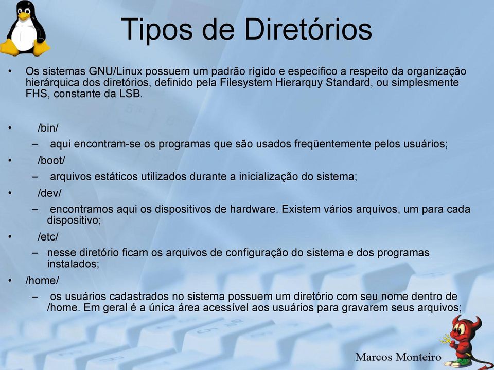 /bin/ aqui encontram-se os programas que são usados freqüentemente pelos usuários; /boot/ arquivos estáticos utilizados durante a inicialização do sistema; /dev/ encontramos aqui os