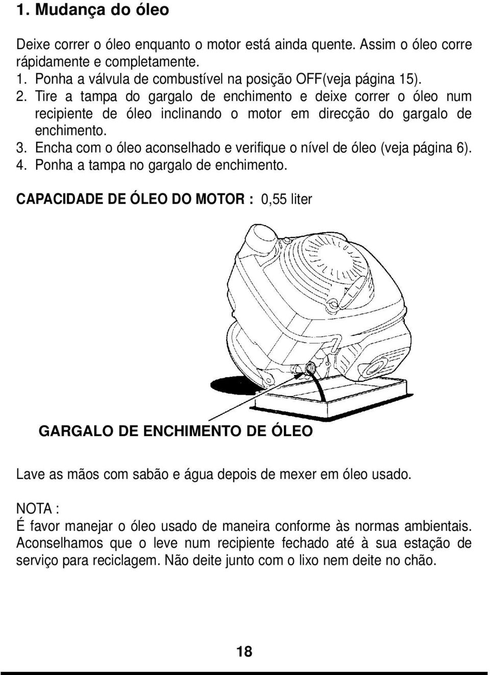 Encha com o óleo aconselhado e verifique o nível de óleo (veja página 6). 4. Ponha a tampa no gargalo de enchimento.