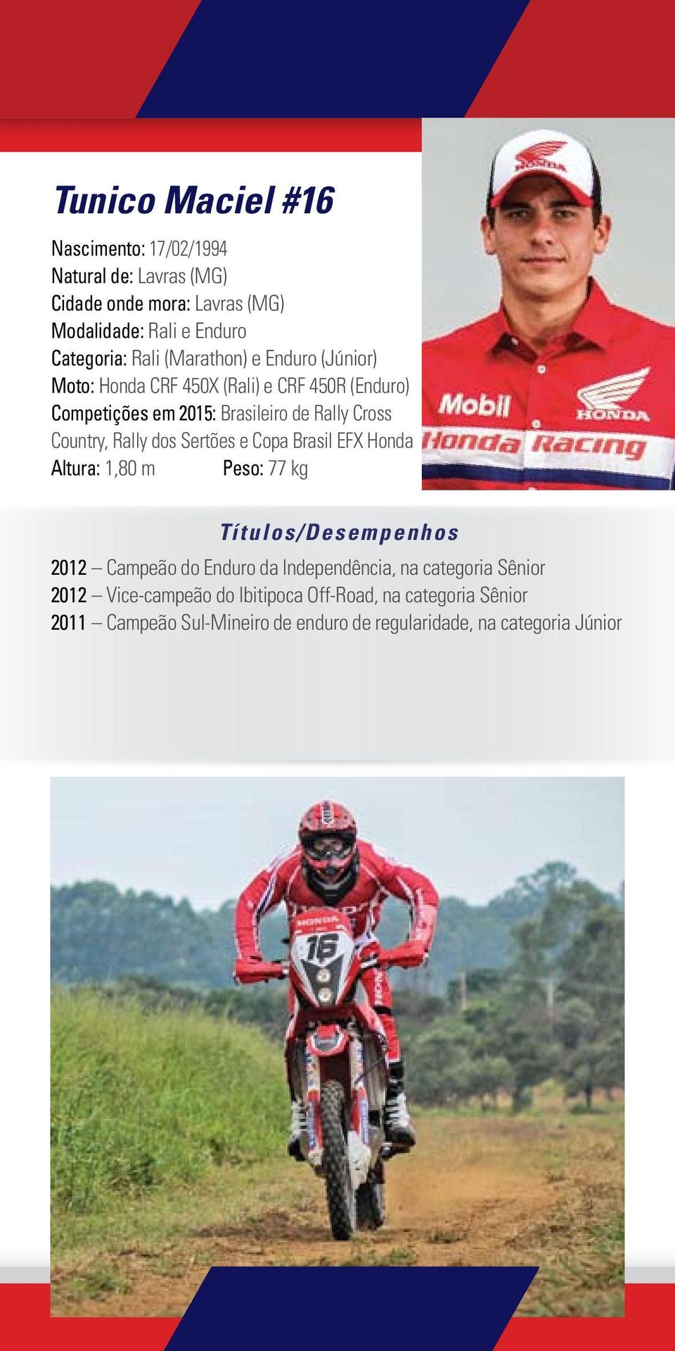 Rally dos Sertões e Copa Brasil EFX Honda Altura: 1,80 m Peso: 77 kg Títulos/Desempenhos 2012 Campeão do Enduro da Independência, na