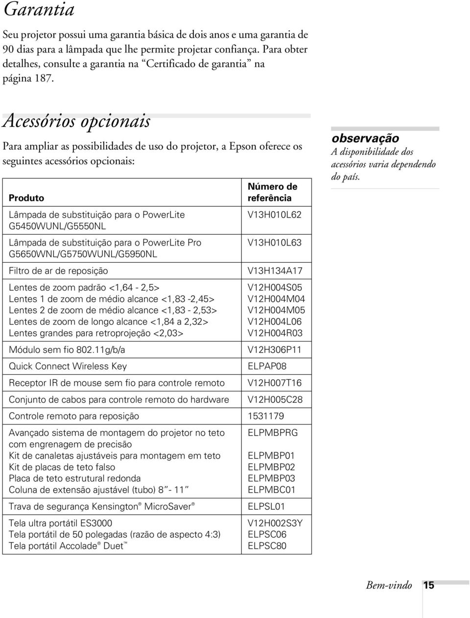 Acessórios opcionais Para ampliar as possibilidades de uso do projetor, a Epson oferece os seguintes acessórios opcionais: Número de Produto referência Lâmpada de substituição para o PowerLite