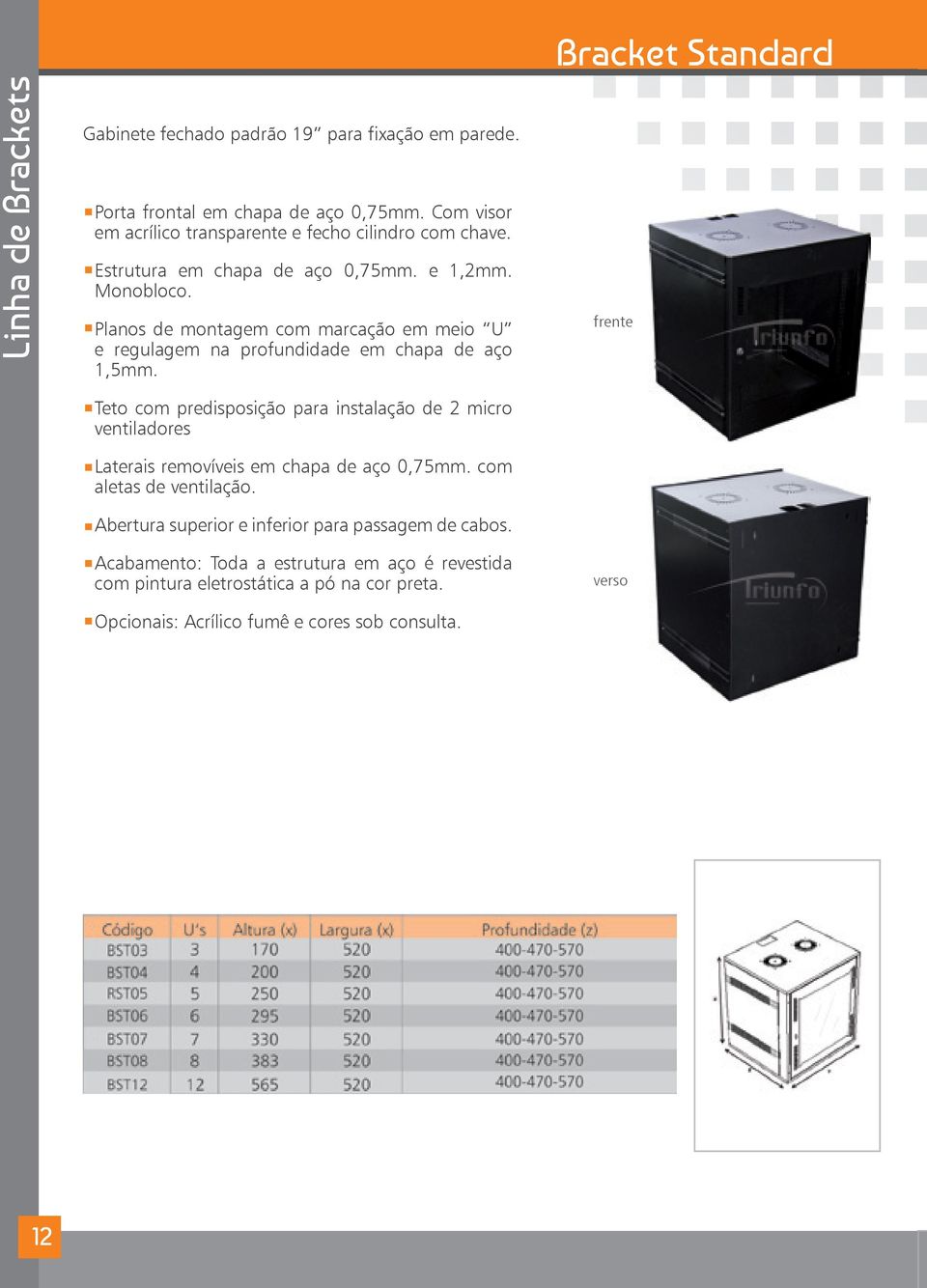 Bracket Standard frente Teto com predisposição para instalação de 2 micro ventiladores Laterais removíveis em chapa de aço 0,75mm. com aletas de ventilação.