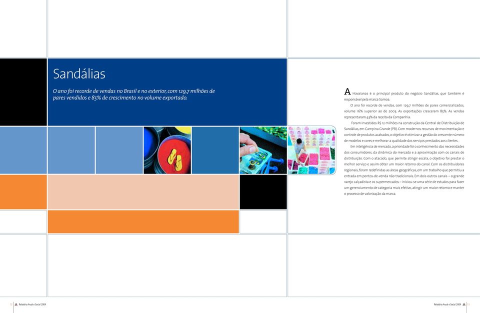 O ano foi recorde de vendas, com 129,7 milhões de pares comercializados, volume 16% superior ao de 2003. As exportações cresceram 85%. As vendas representaram 43% da receita da Companhia.