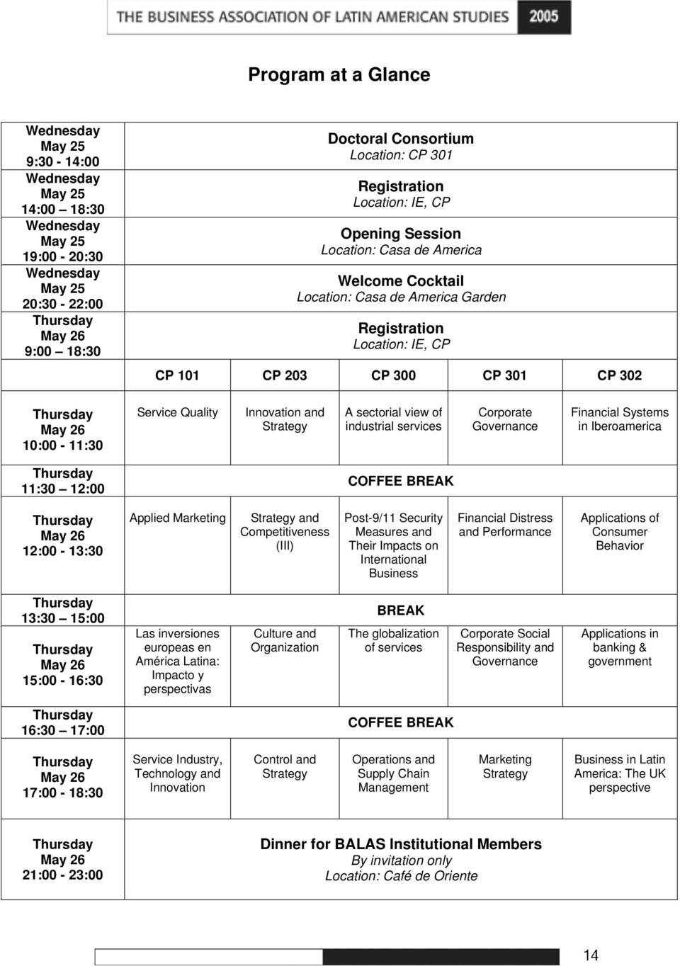 26 10:00-11:30 Service Quality Innovation and Strategy A sectorial view of industrial services Corporate Governance Financial Systems in Iberoamerica Thursday 11:30 12:00 COFFEE BREAK Thursday May 26