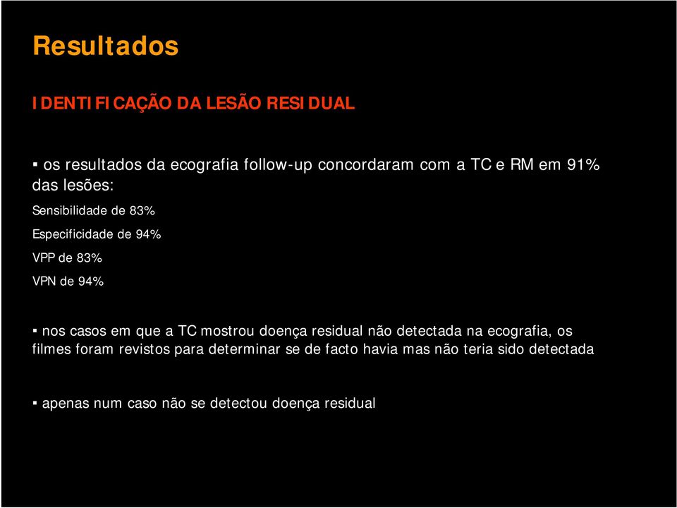 casos em que a TC mostrou doença residual não detectada na ecografia, os filmes foram revistos para