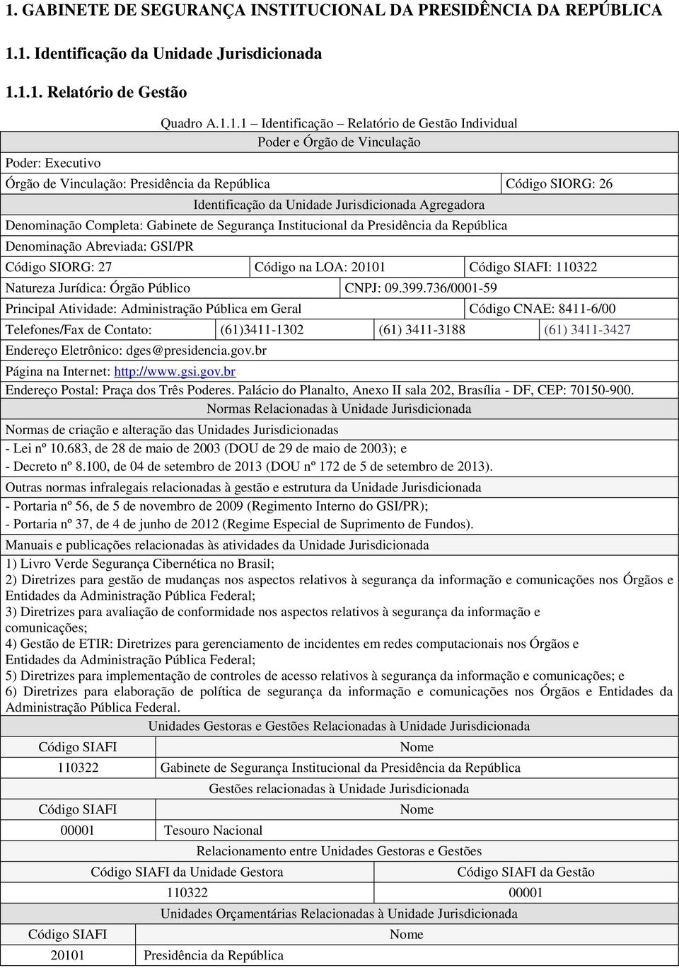 Segurança Institucional da Presidência da República Denominação Abreviada: GSI/PR Código SIORG: 27 Código na LOA: 20101 Código SIAFI: 110322 Natureza Jurídica: Órgão Público CNPJ: 09.399.