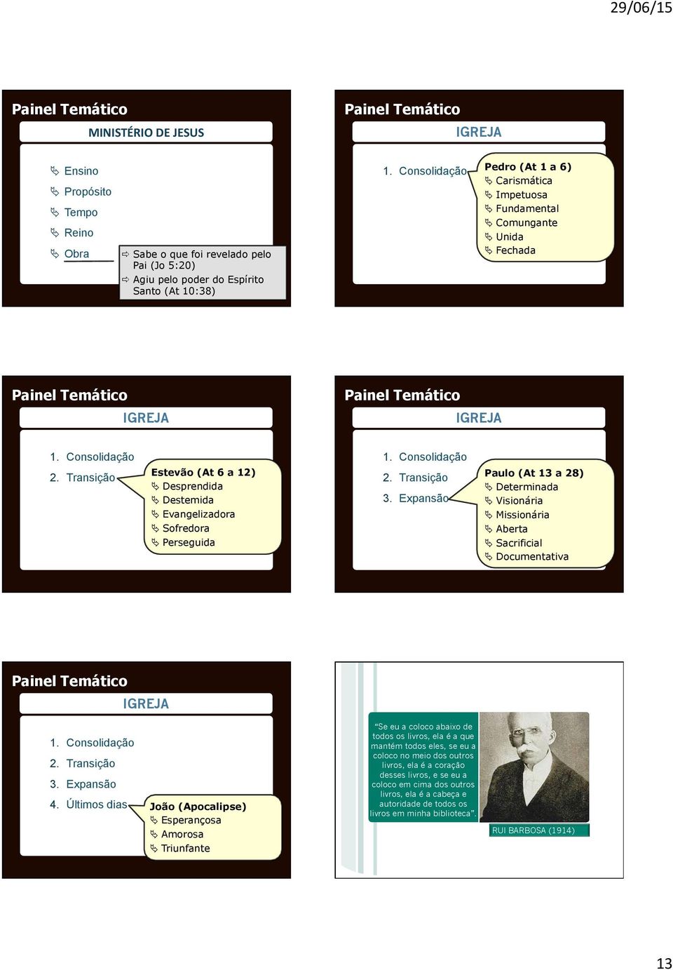Consolidação 2 Transição 3 Expansão Paulo (At 13 a 28) Ä Determinada Ä Visionária Ä Missionária Ä Aberta Ä Sacrificial Ä Documentativa 1 Consolidação 2 Transição 3 Expansão IGREJA 4 Últimos dias João