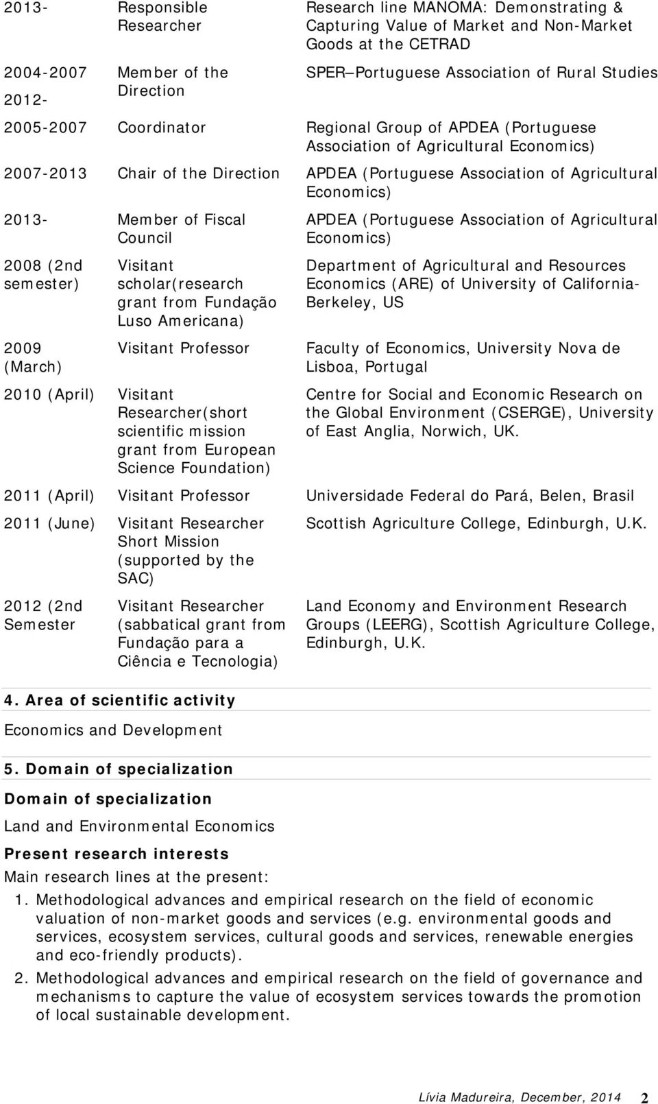 Economics) 2013- Member of Fiscal Council 2008 (2nd semester) Visitant scholar(research grant from Fundação Luso Americana) 2009 Visitant Professor (March) 2010 (April) Visitant Researcher(short