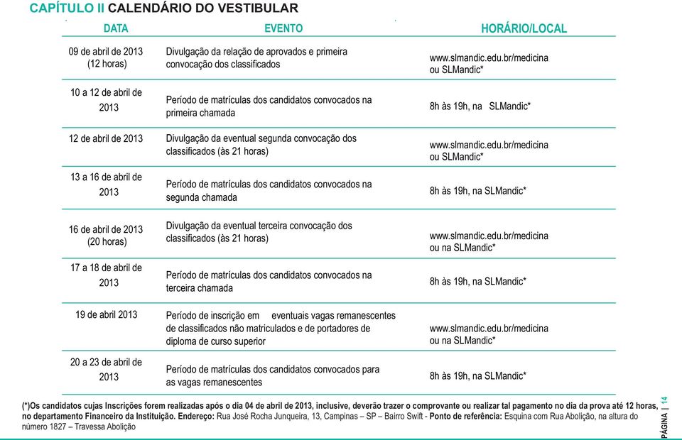 convocação dos classificados (às 21 horas) 13 a 16 de abril de 2013 Período de matrículas dos candidatos convocados na segunda chamada www.slmandic.edu.