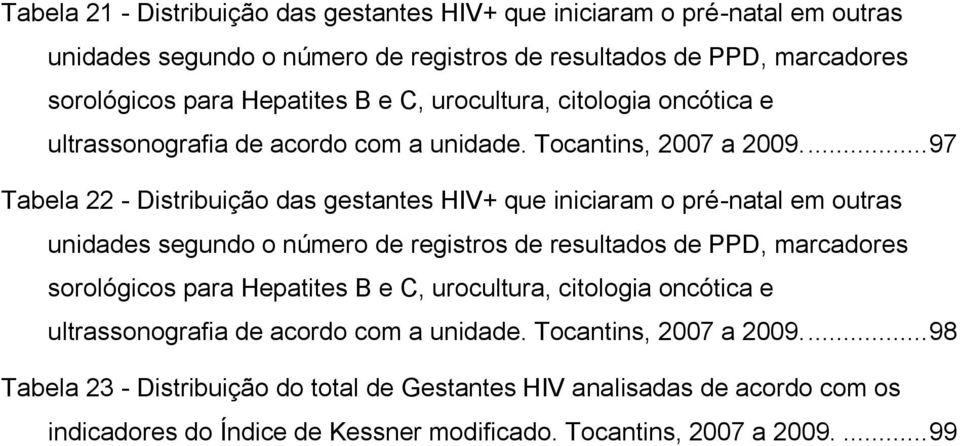 ... 97 Tabela 22 - Distribuição das gestantes HIV+ que iniciaram o pré-natal em outras unidades segundo o número de registros de resultados de PPD, marcadores sorológicos para
