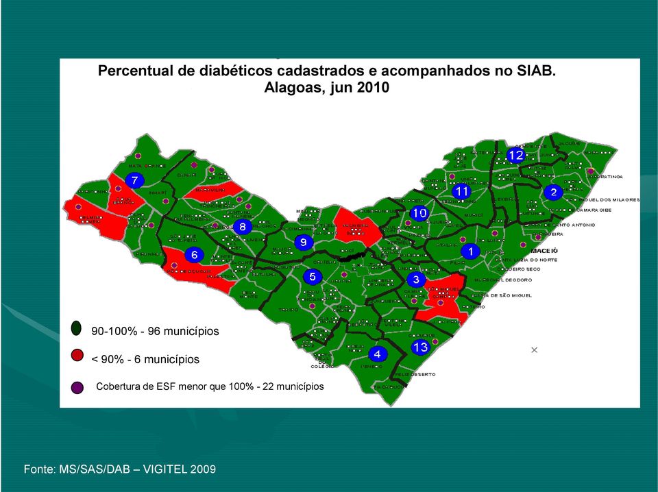 Alagoas, jun 2010 90-100% - 96 municípios < 90% -