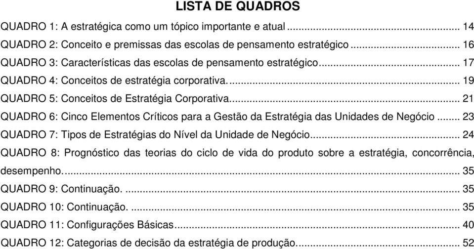 ... 21 QUADRO 6: Cinco Elementos Críticos para a Gestão da Estratégia das Unidades de Negócio... 23 QUADRO 7: Tipos de Estratégias do Nível da Unidade de Negócio.