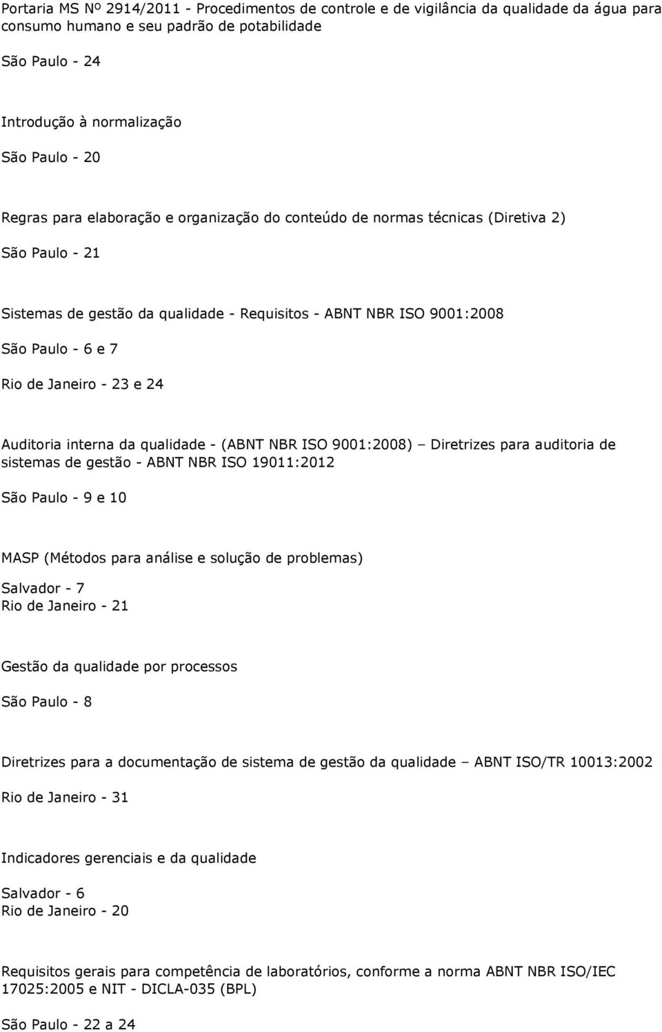 - 23 e 24 Auditoria interna da qualidade - (ABNT NBR ISO 9001:2008) Diretrizes para auditoria de sistemas de gestão - ABNT NBR ISO 19011:2012 São Paulo - 9 e 10 MASP (Métodos para análise e solução