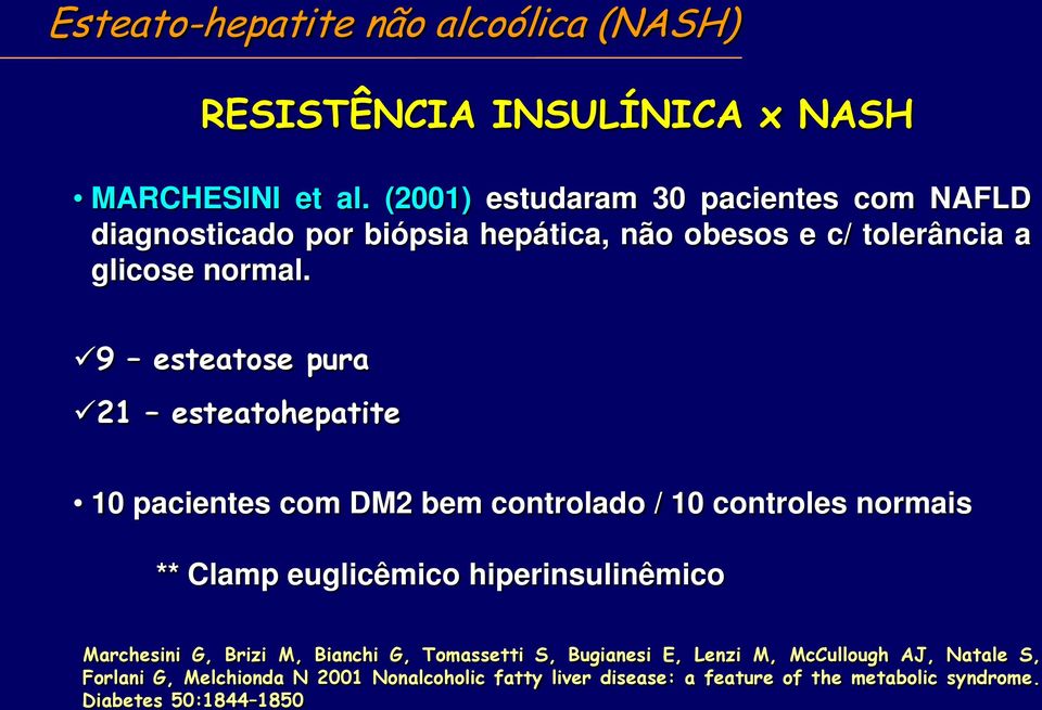 9 esteatose pura 21 esteatohepatite 10 pacientes com DM2 bem controlado / 10 controles normais ** Clamp euglicêmico hiperinsulinêmico