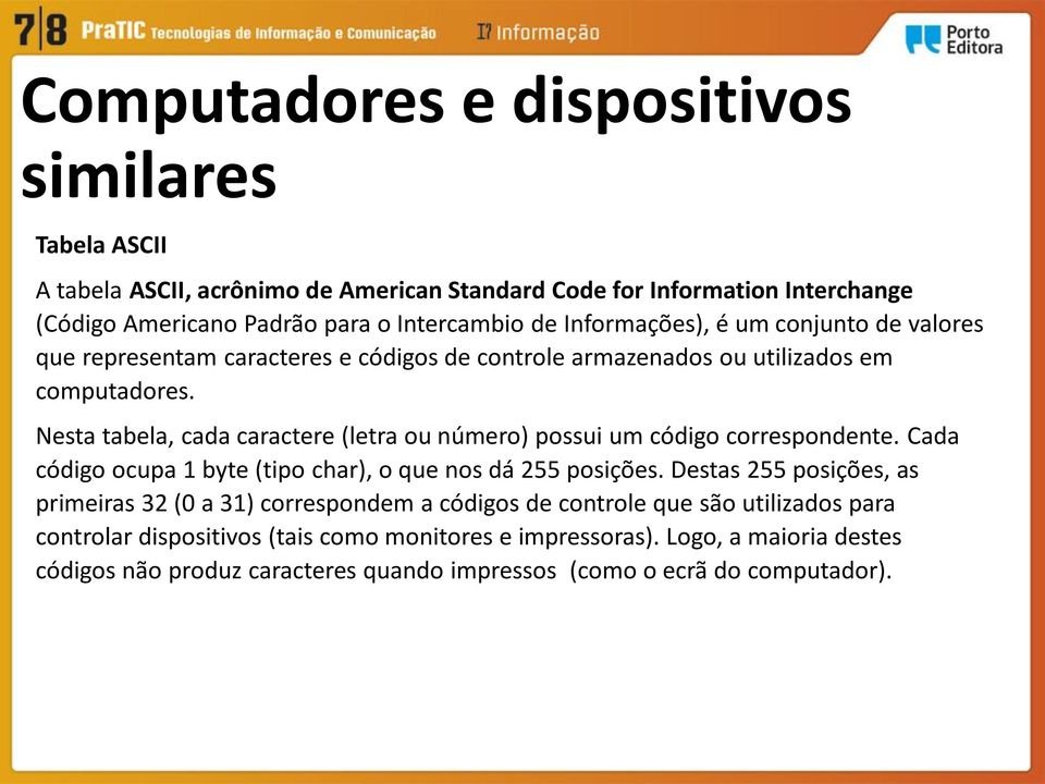 Nesta tabela, cada caractere (letra ou número) possui um código correspondente. Cada código ocupa 1 byte (tipo char), o que nos dá 255 posições.