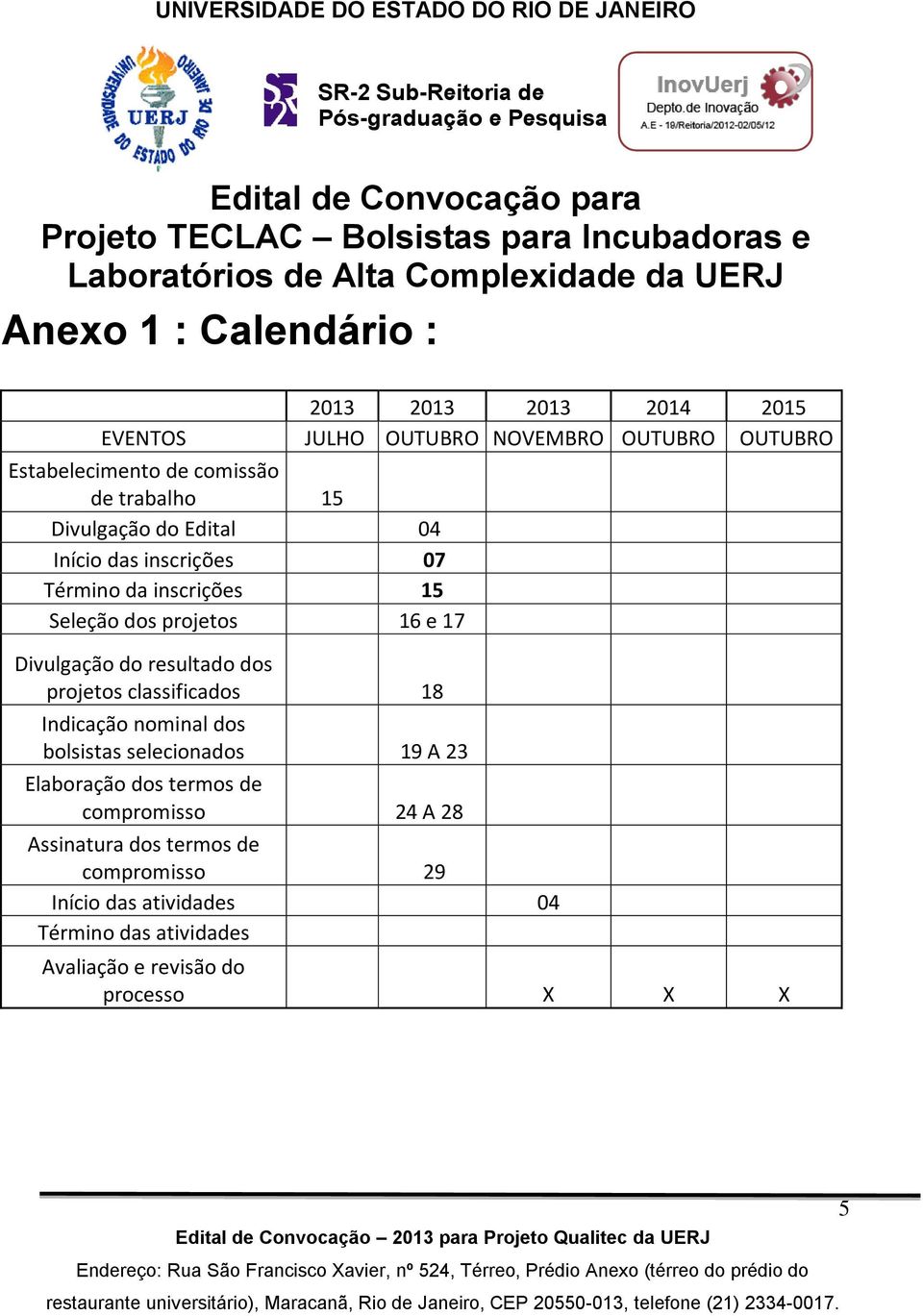 04 Início das inscrições 07 Término da inscrições 15 Seleção dos projetos 16 e 17 Divulgação do resultado dos projetos classificados 18 Indicação nominal dos bolsistas