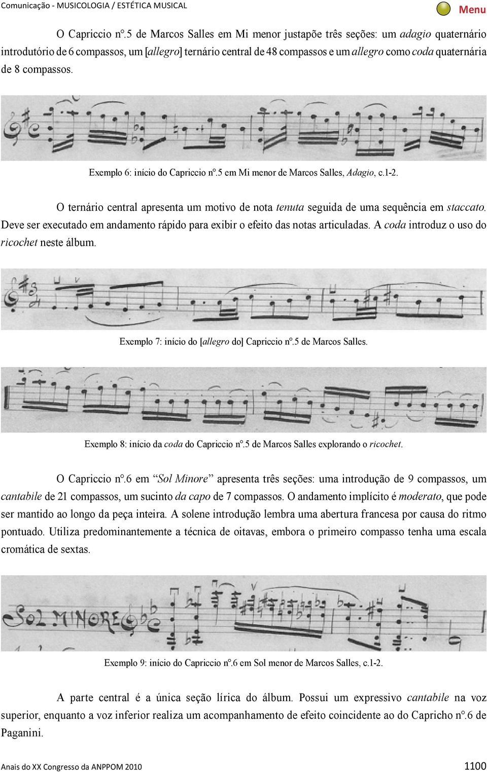 Exemplo 6: início do Capriccio n.5 em Mi menor de Marcos Salles, Adagio, c.1-2. O ternário central apresenta um motivo de nota tenuta seguida de uma sequência em staccato.
