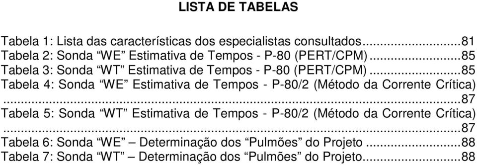 ..85 Tabela 4: Sonda WE Estimativa de Tempos - P-80/2 (Método da Corrente Crítica).