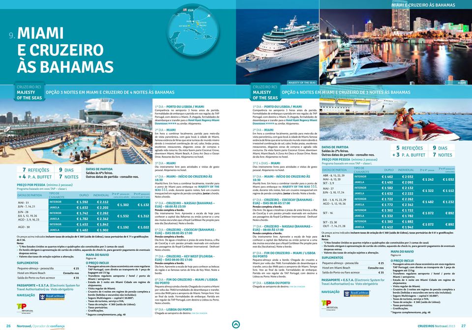 SEAS Opção 4 noites em Miami e cruzeiro de 3 noites às Bahamas miami 1º DIA PORTO OU LISBOA / MIAMI Comparência no aeroporto 3 horas antes da partida.