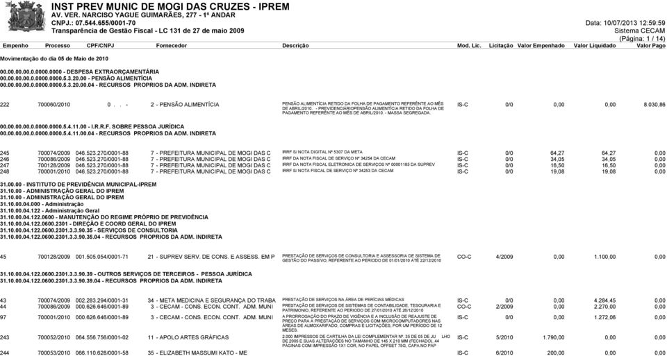 - PREVIDENCIÁRIOPENSÃO ALIMENTÍCIA RETIDO DA FOLHA DE IS-C 0/0 0,00 0,00 8.030,86 PAGAMENTO REFERÊNTE AO MÊS DE ABRIL/2010. - MASSA SEGREGADA. 00.00.00.00.0.0000.0000.5.4.11.00 - I.R.R.F. SOBRE PESSOA JURÍDICA 00.