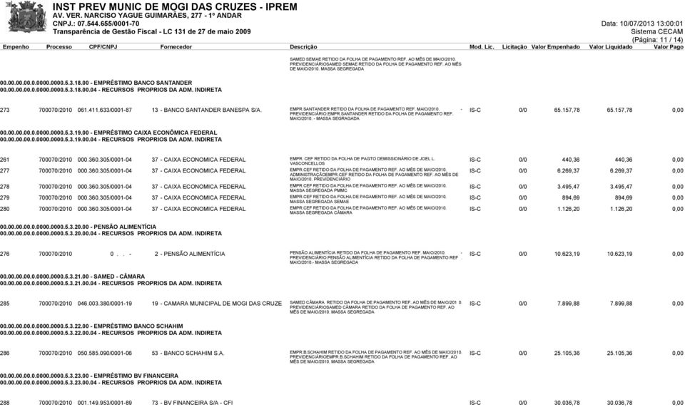 633/0001-87 13 - BANCO SANTANDER BANESPA S/A. EMPR.SANTANDER RETIDO DA FOLHA DE PAGAMENTO REF. MAIO/2010. - PREVIDENCIÁRIO.EMPR.SANTANDER RETIDO DA FOLHA DE PAGAMENTO REF. IS-C 0/0 65.157,78 65.