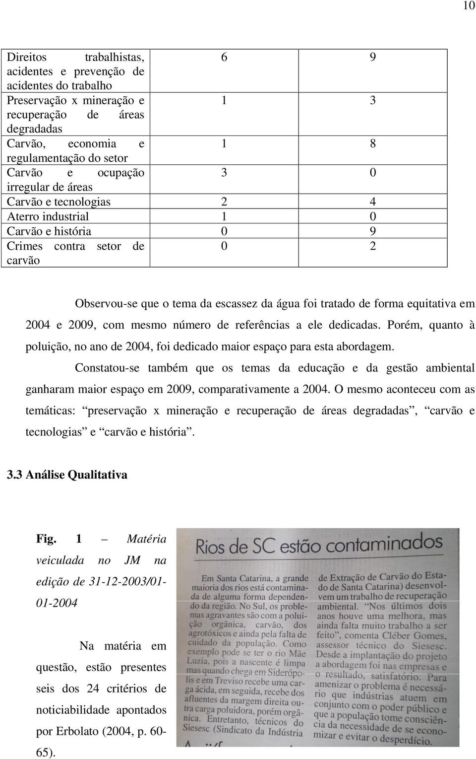 equitativa em 2004 e 2009, com mesmo número de referências a ele dedicadas. Porém, quanto à poluição, no ano de 2004, foi dedicado maior espaço para esta abordagem.