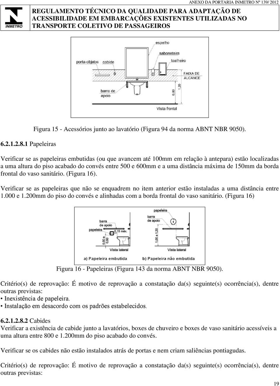 borda frontal do vaso sanitário. (Figura 16). Verificar se as papeleiras que não se enquadrem no item anterior estão instaladas a uma distância entre 1.000 e 1.