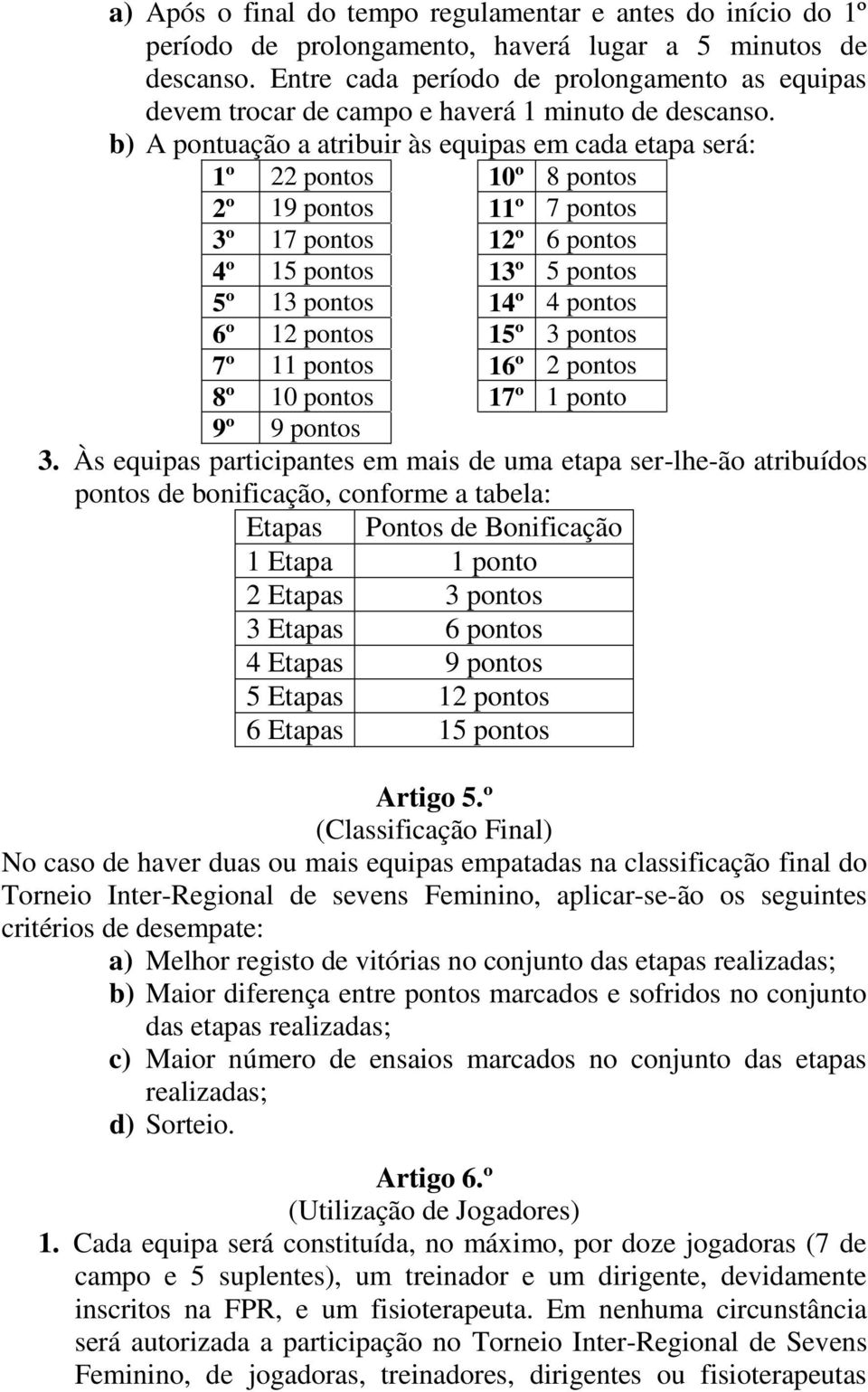 b) A pontuação a atribuir às equipas em cada etapa será: 1º 22 pontos 10º 8 pontos 2º 19 pontos 11º 7 pontos 3º 17 pontos 12º 6 pontos 4º 15 pontos 13º 5 pontos 5º 13 pontos 14º 4 pontos 6º 12 pontos