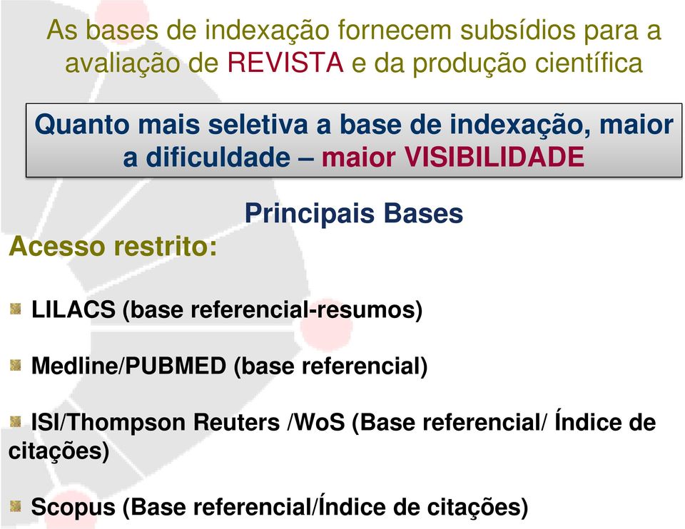 restrito: Principais Bases LILACS (base referencial-resumos) Medline/PUBMED (base referencial)
